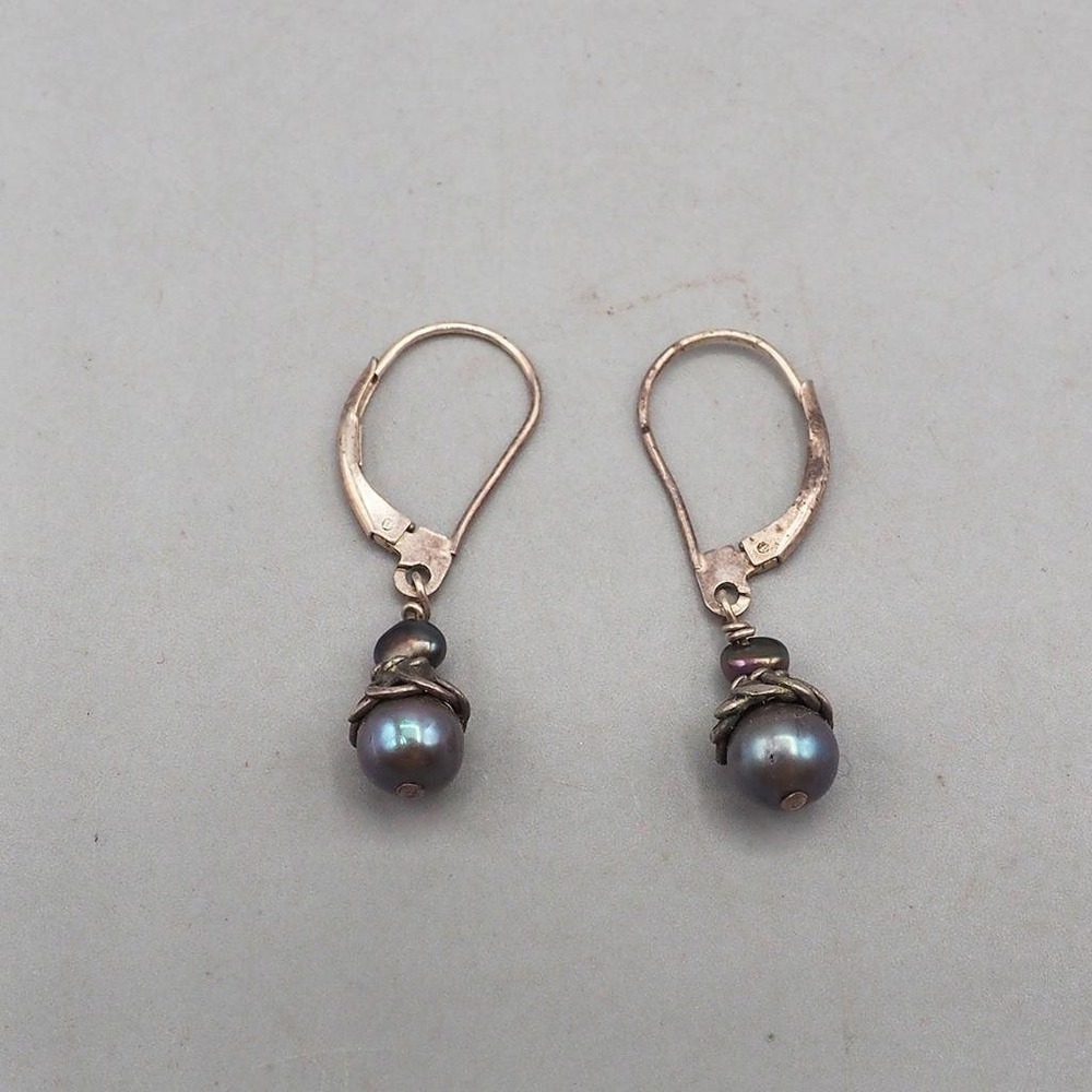 Sterling Silver 925 Peacock Pearl Dangle Leverback Earrings Iridescent Stacked